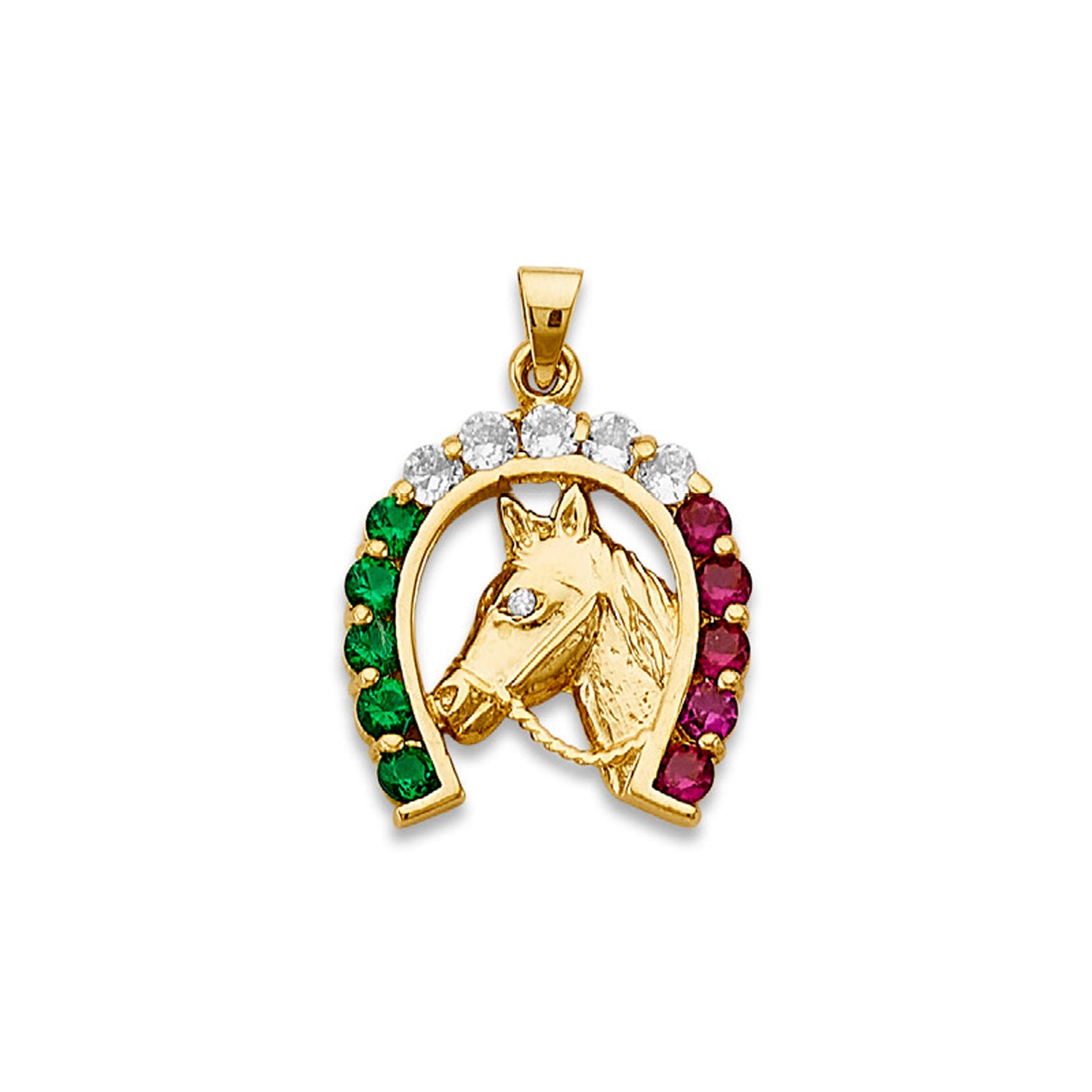 Yellow Gold Round Multicolor CZ Horse Horseshoe Charm Pendant