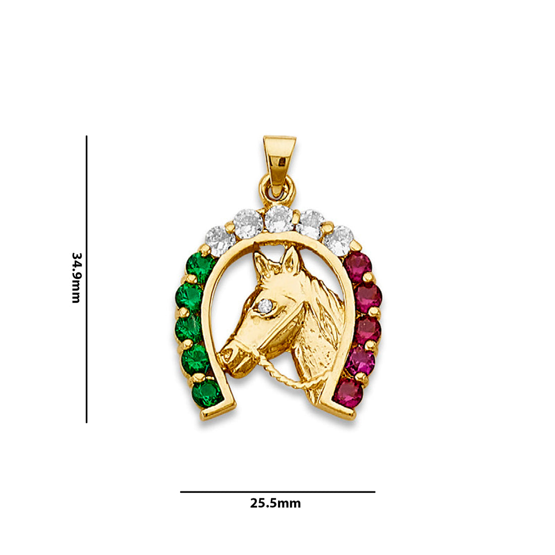 Yellow Gold Round Multicolor CZ Horse Horseshoe Charm Pendant with Measurement