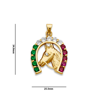 Yellow Gold Round Multicolor CZ Horse Horseshoe Charm Pendant with Measurement