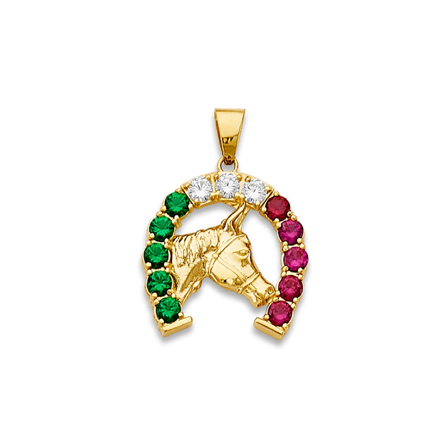 Yellow Gold Round Multicolor CZ Lucky Horse Horseshoe Charm Pendant