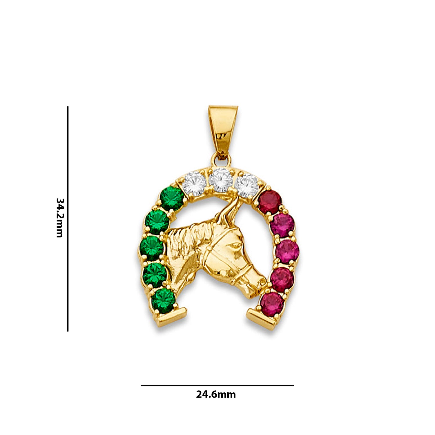 Yellow Gold Round Multicolor CZ Lucky Horse Horseshoe Charm Pendant with Measurement