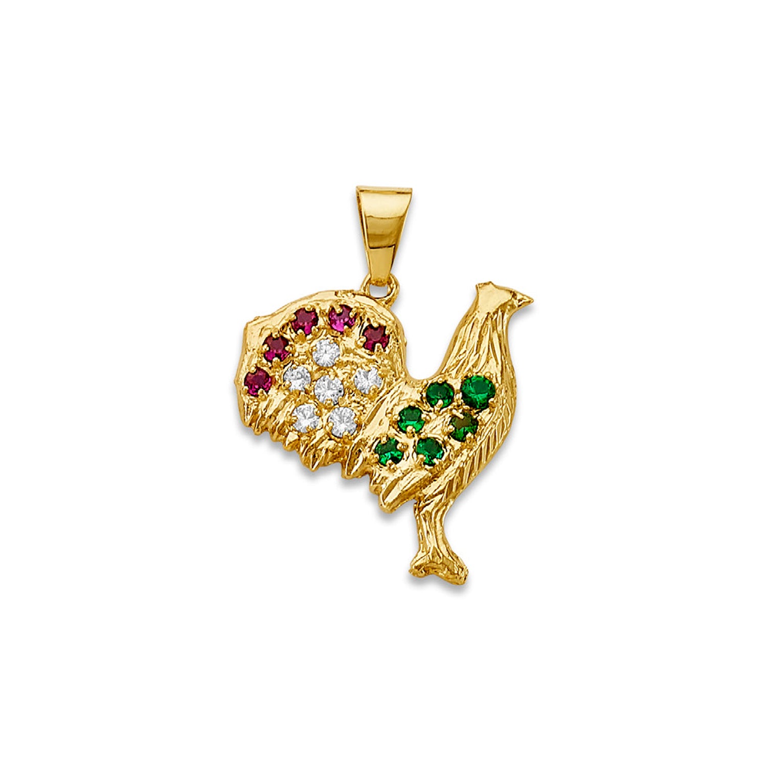 Yellow Gold Round Multicolor CZ Studded Rooster Charm Pendant 