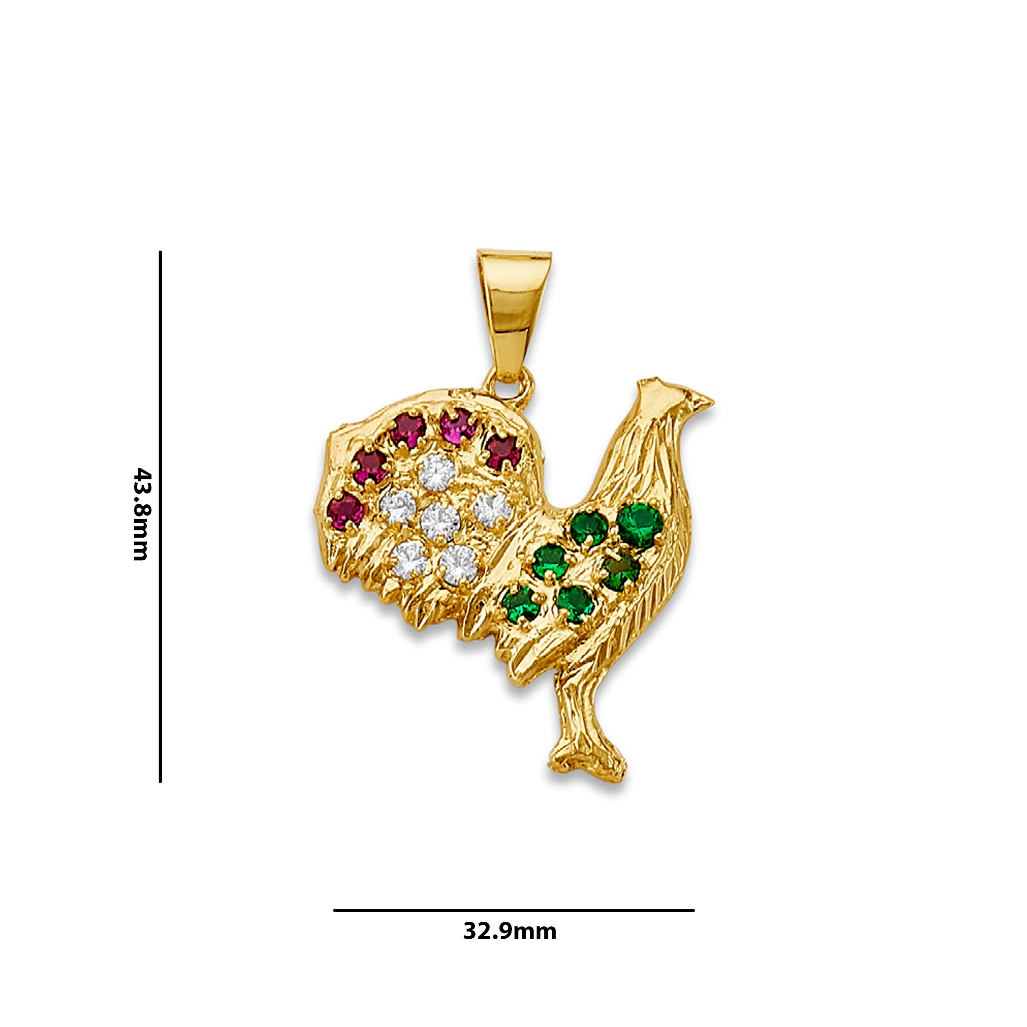 Yellow Gold Round Multicolor CZ Studded Rooster Charm Pendant  with Measurement