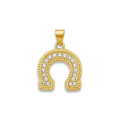 Yellow Gold Rope-textured Horseshoe CZ Studded Charm Pendant