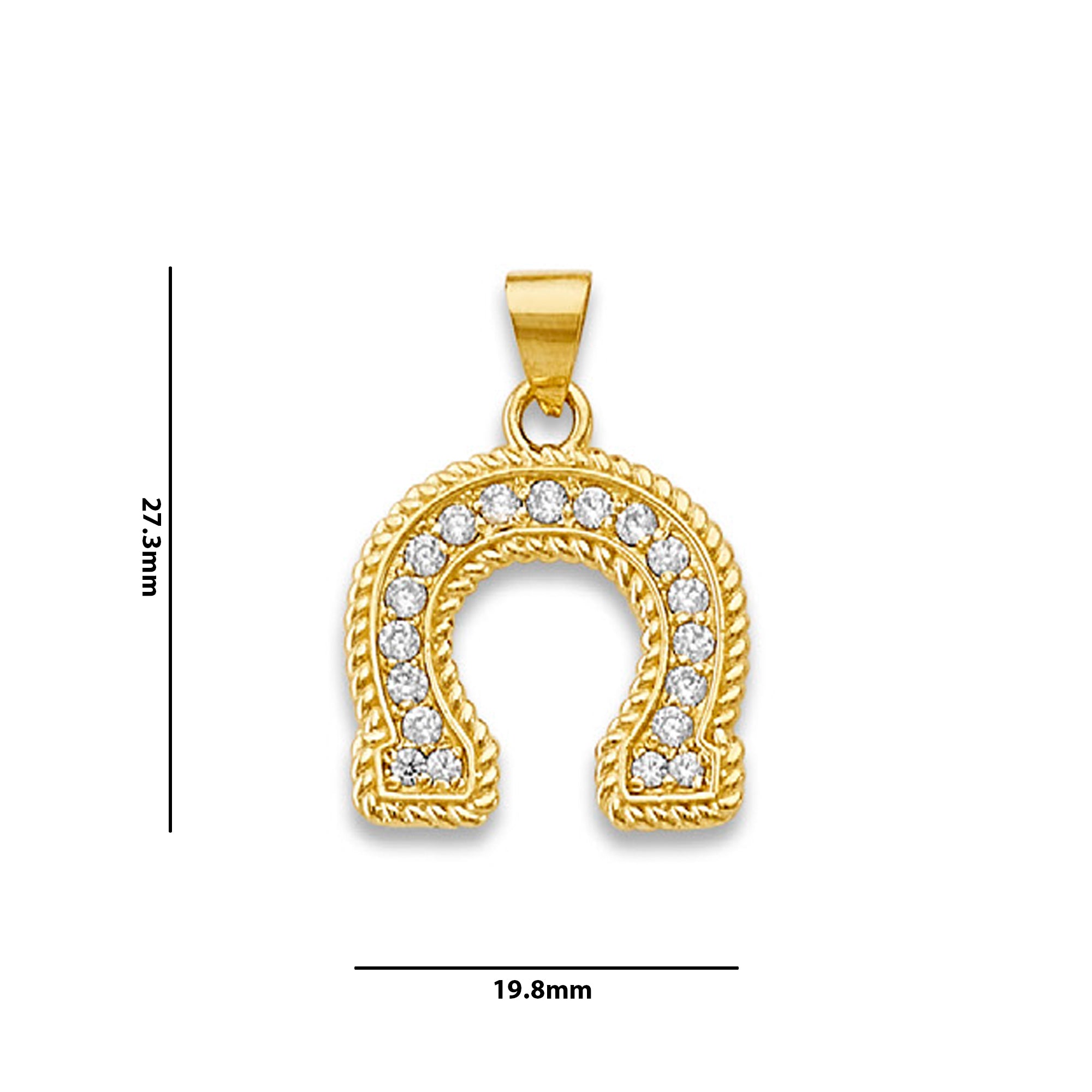 Yellow Gold Rope-textured Horseshoe CZ Studded Charm Pendant with Measurement