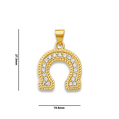 Yellow Gold Rope-textured Horseshoe CZ Studded Charm Pendant with Measurement