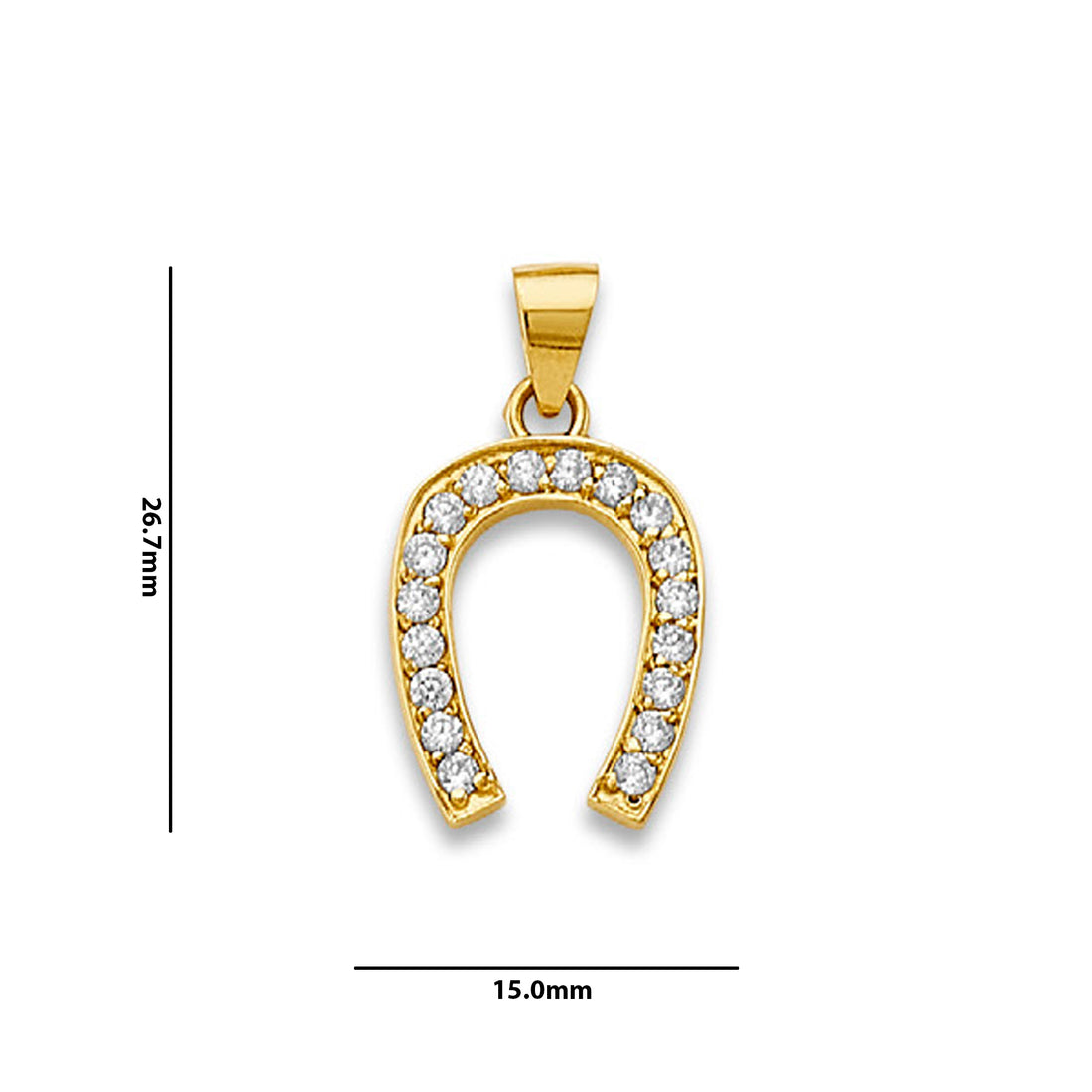 Yellow Gold Simple Round CZ Horseshoe Charm Pendant with Measurement