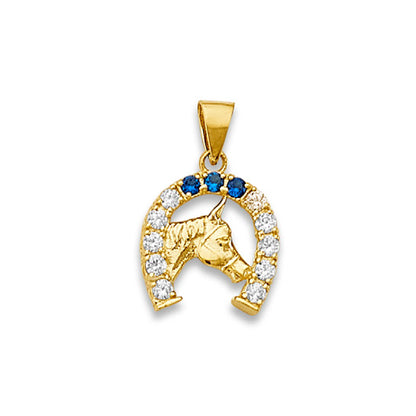 Yellow Gold Round Blue and White CZ Horsehead Horseshoe Charm Pendant