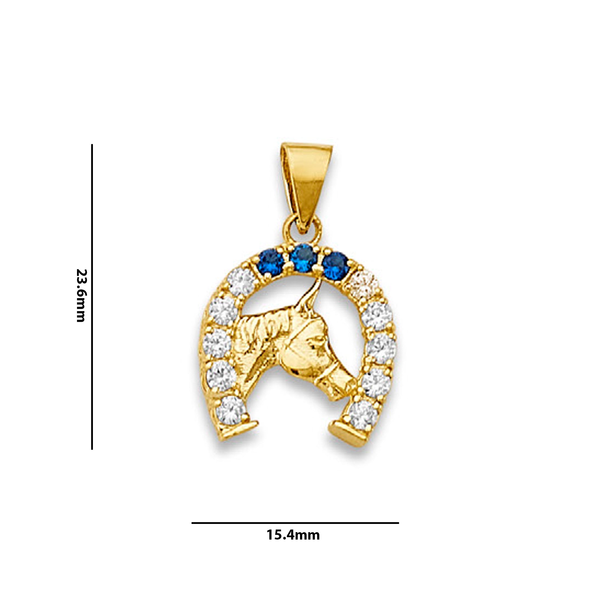 Yellow Gold Round Blue and White CZ Horsehead Horseshoe Charm Pendant with Measurement