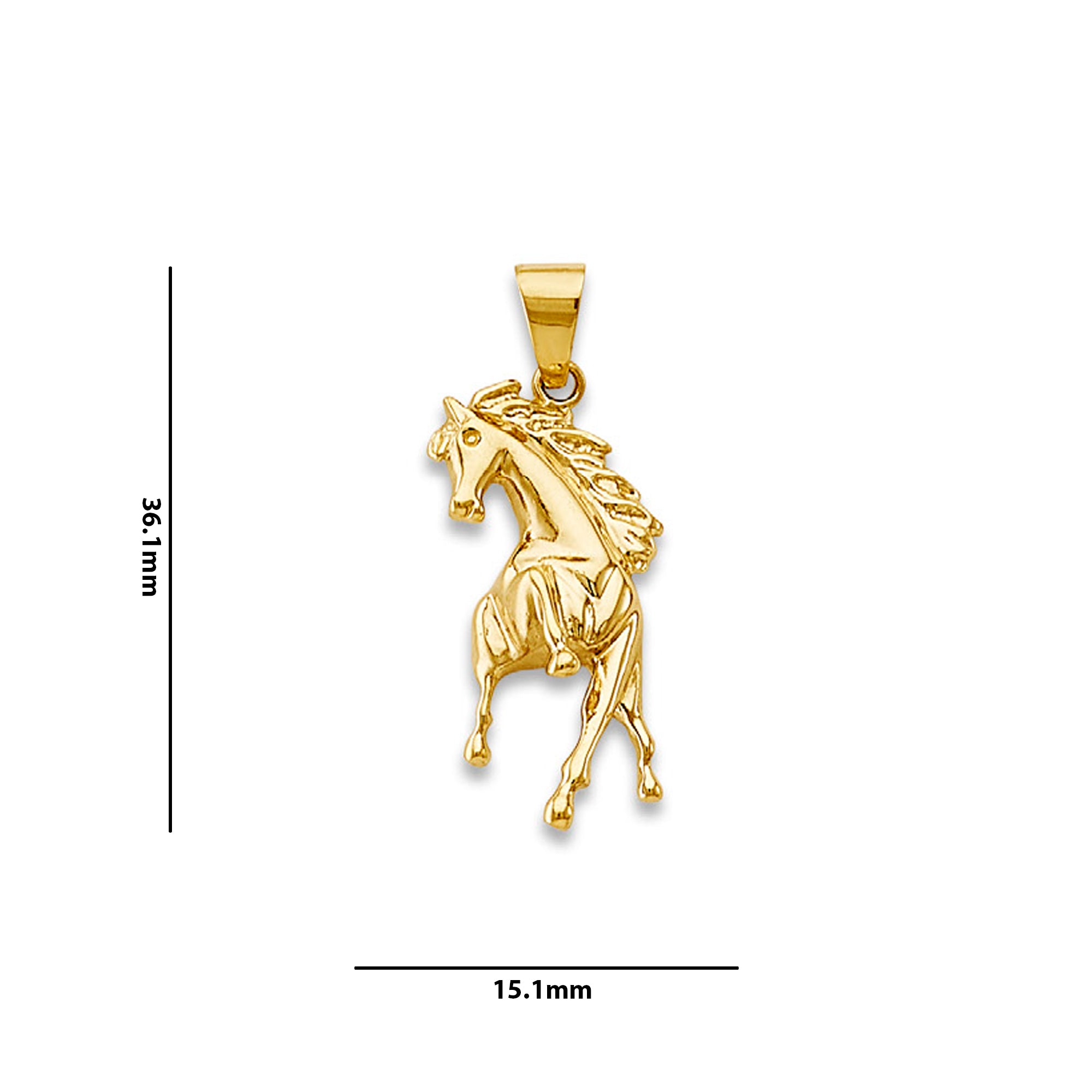 Yellow Gold Simple Galloping Horse Charm Pendant with Measurement