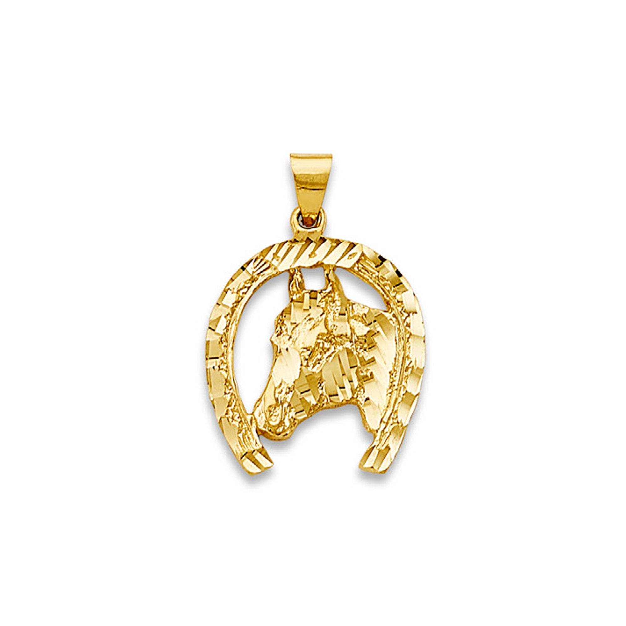 Yellow Gold Horsehead Diamond-cut Horseshoe Charm Pendant