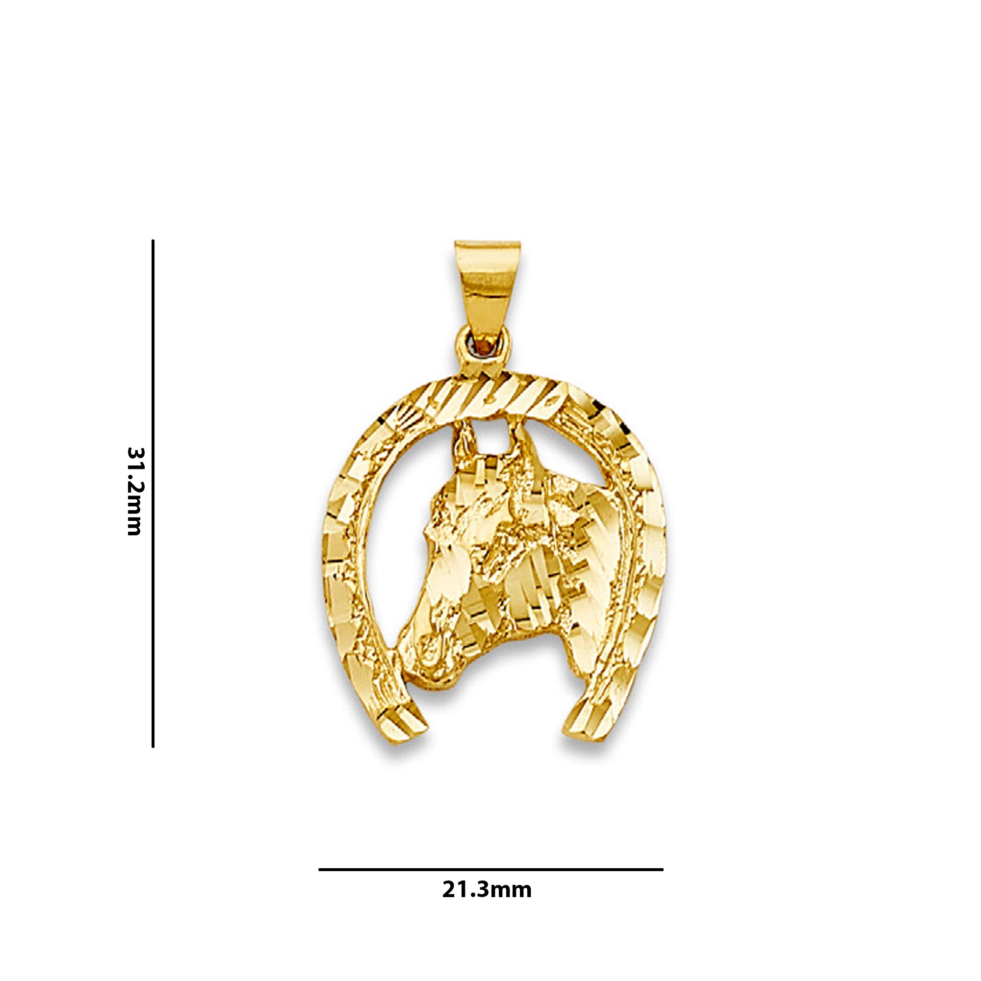 Yellow Gold Horsehead Diamond-cut Horseshoe Charm Pendant with Measurement