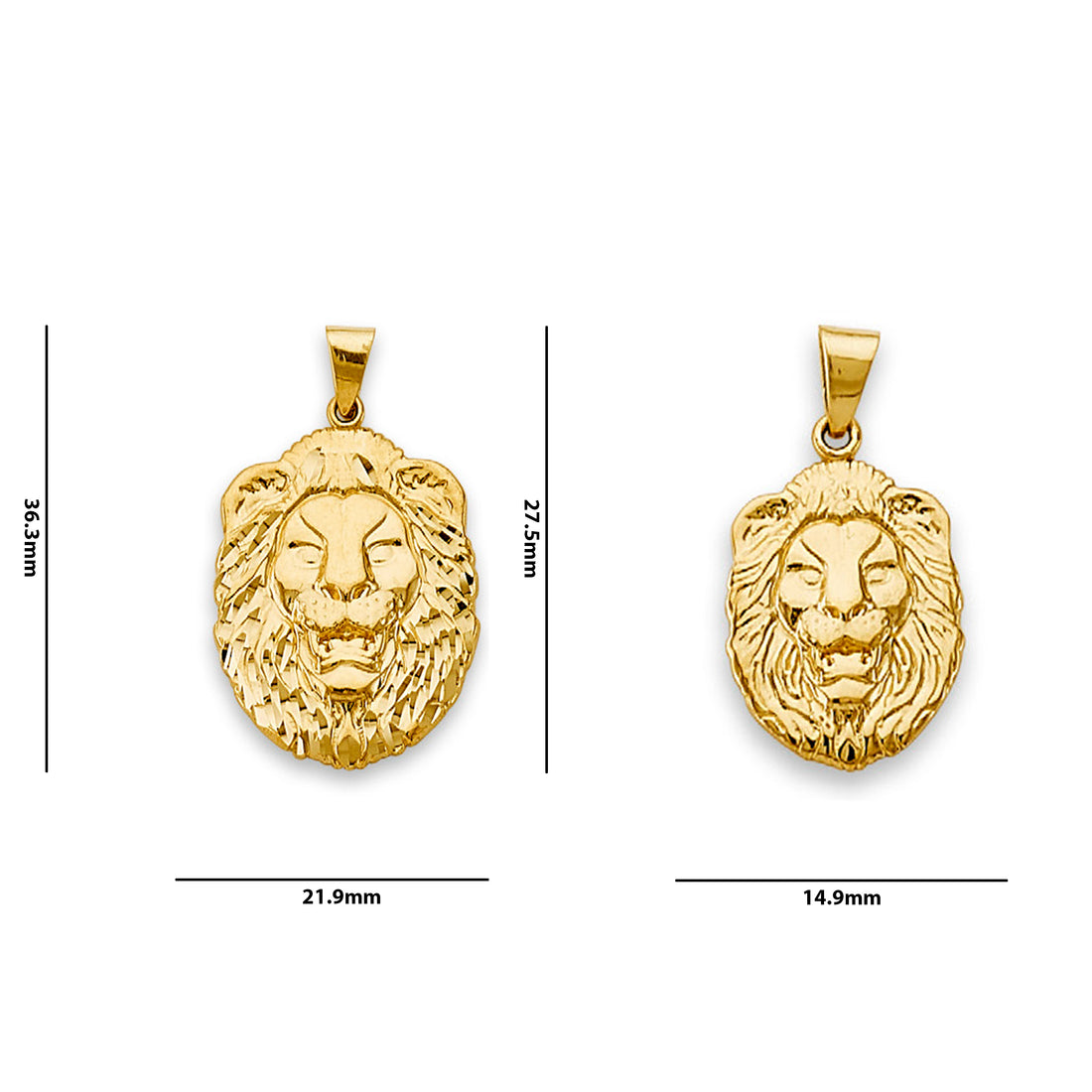 Yellow Gold Lion Head Statement Charm Pendant with Measurement