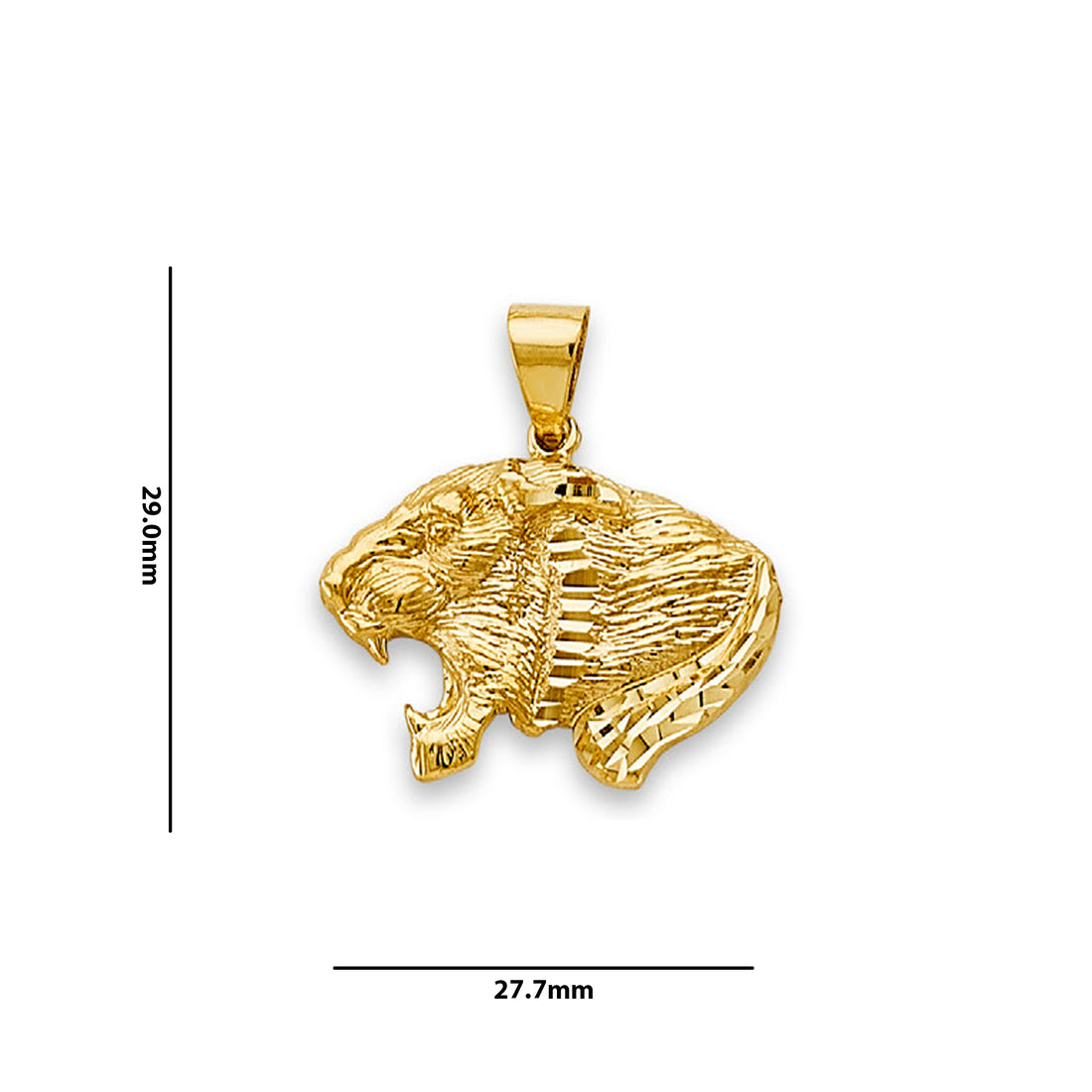 Yellow Gold Diamond-cut Roaring Lion Head Pendant with Measurement