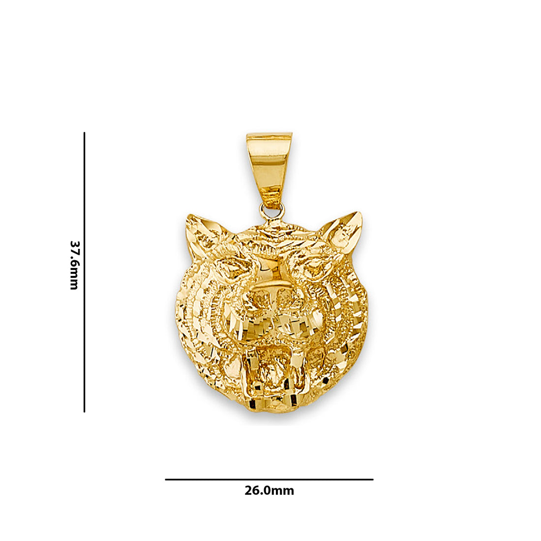 Yellow Gold Diamond-cut Tiger Head Charm Pendant with Measurement