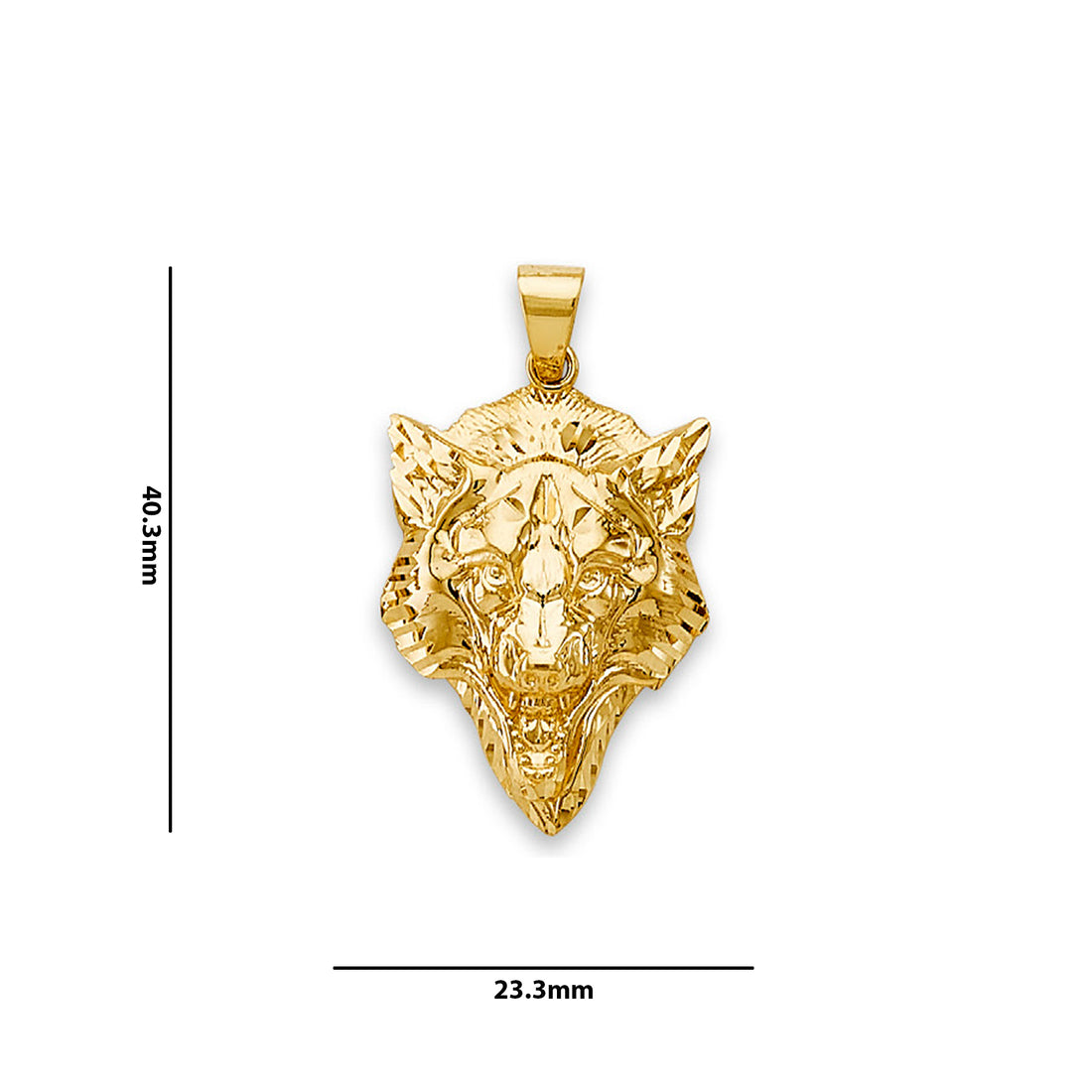 Yellow Gold Textured Fancy Wolf Pendant with Measurement