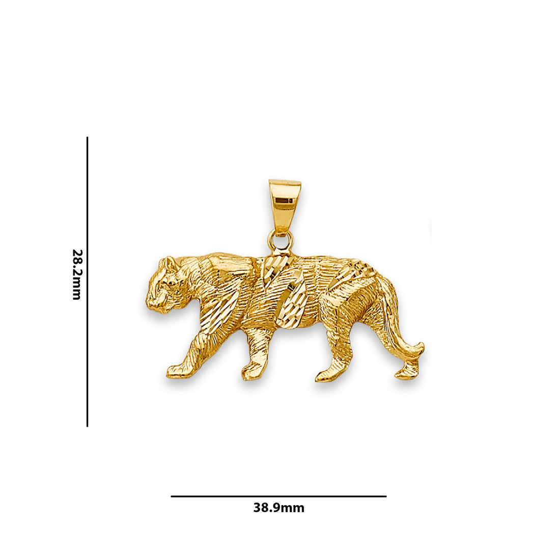 Yellow Gold Diamond-cut Walking Tiger Charm Pendant with Measurement
