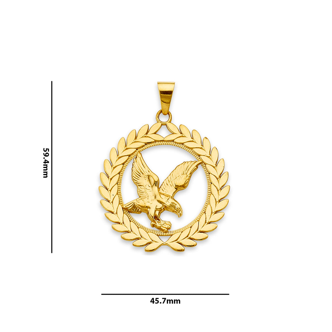 Yellow Gold Leaf Border Flying Eagle Charm Pendant  with Measurement