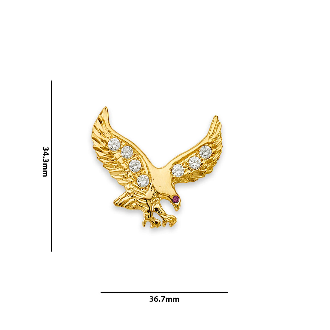 Yellow Gold Round CZ Soaring American Eagle Pendant with Measurement