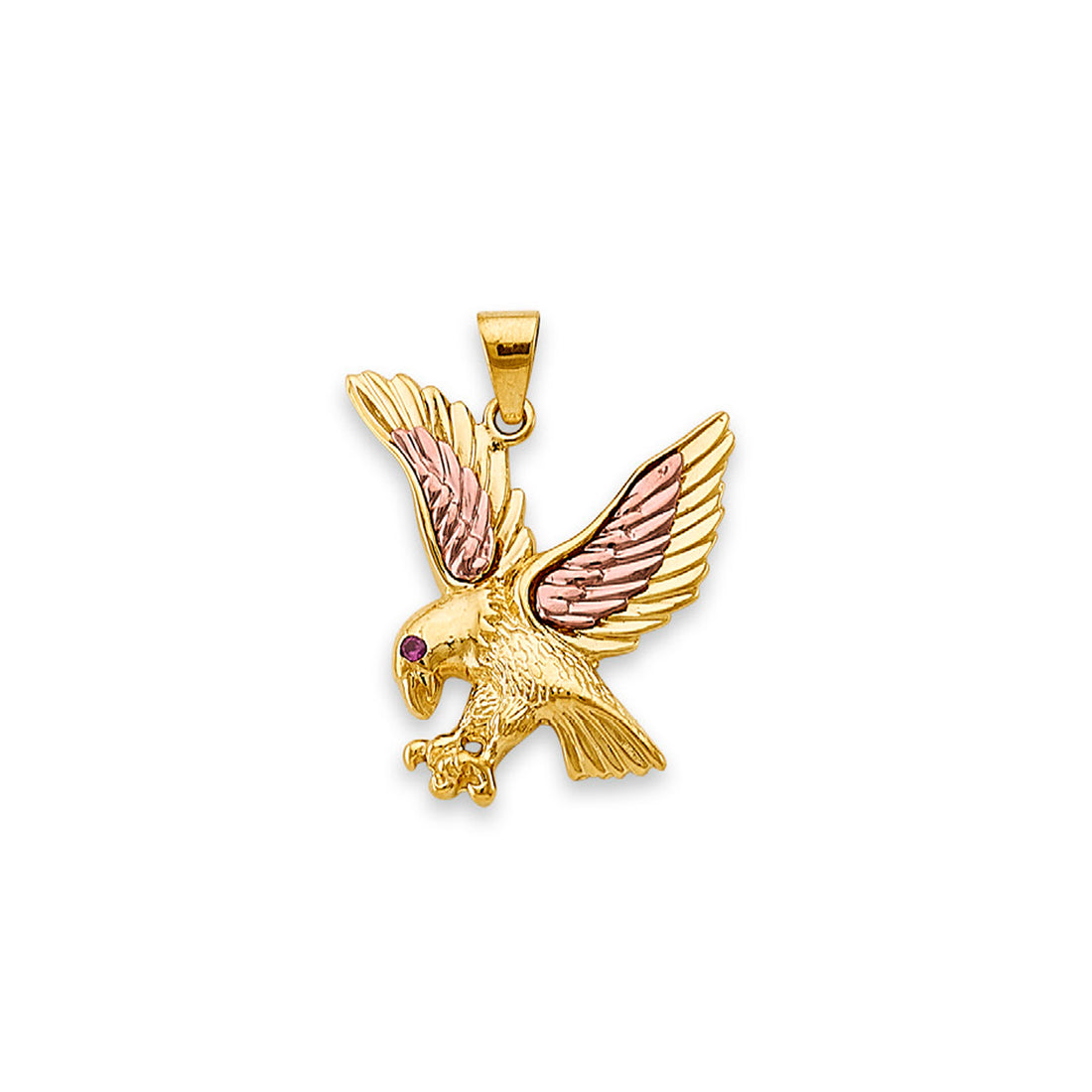 Two Tone Gold Round Red CZ Flying Eagle Pendant