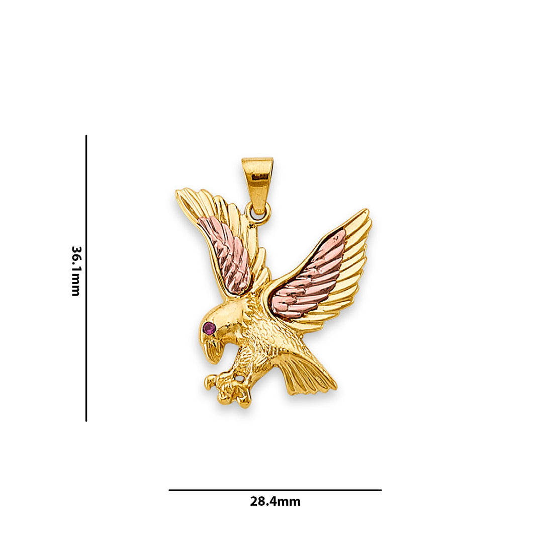 Two Tone Gold Round Red CZ Flying Eagle Pendant with Measurement