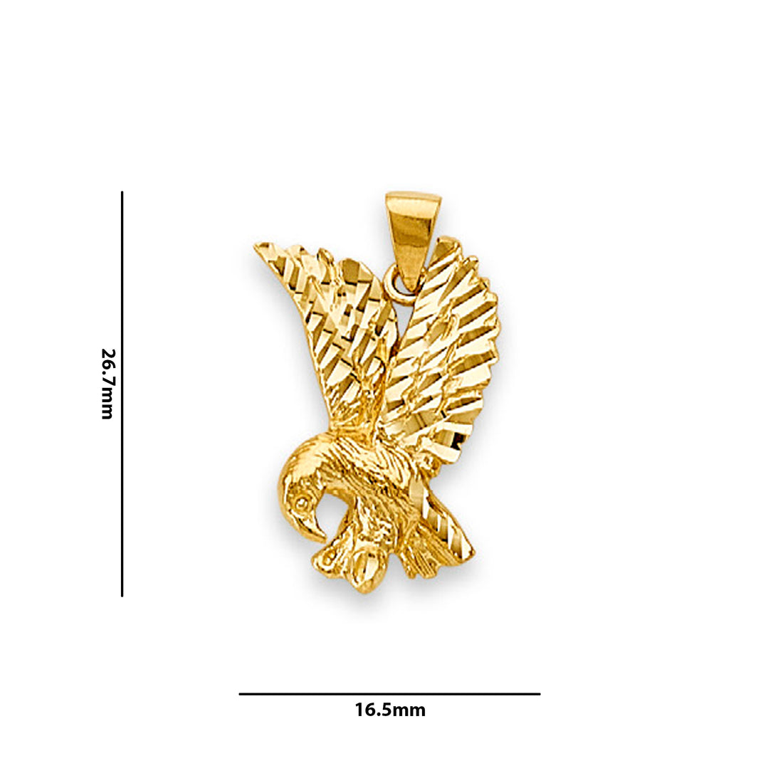 Yellow Gold Flying Eagle Statement Charm Pendant with Measurement