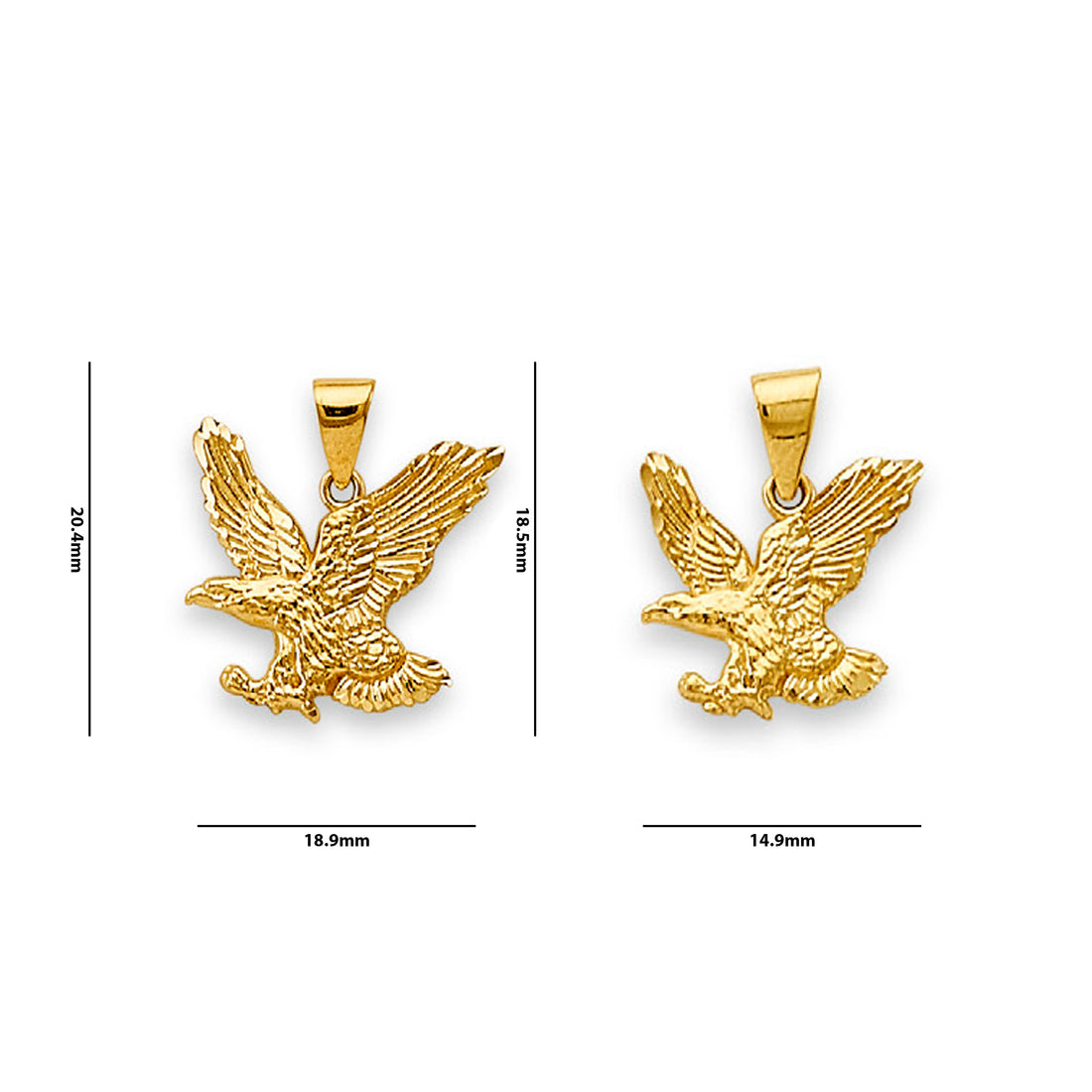 Yellow Gold Valorous American Eagle Charm Pendant  with Measurement