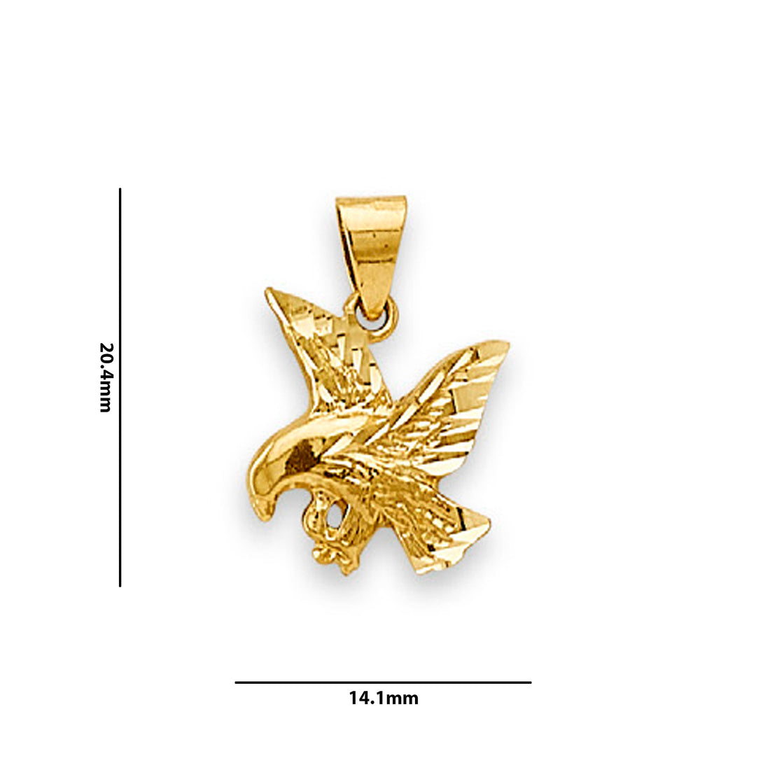 Yellow Gold Shimmering Diamond-cut Flying American Eagle Pendant with Measurement
