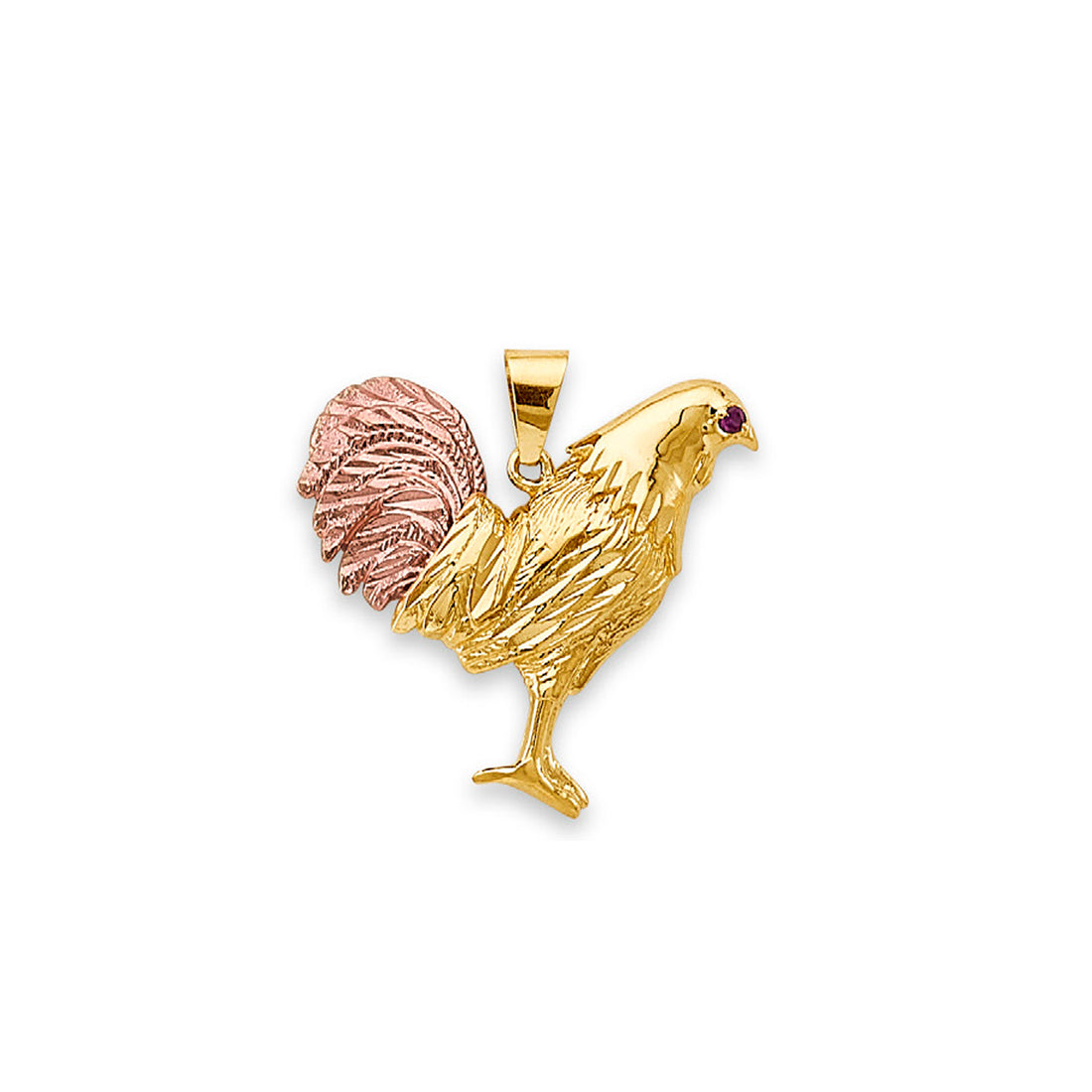 Two Tone Gold Round Red CZ Rooster Pendant