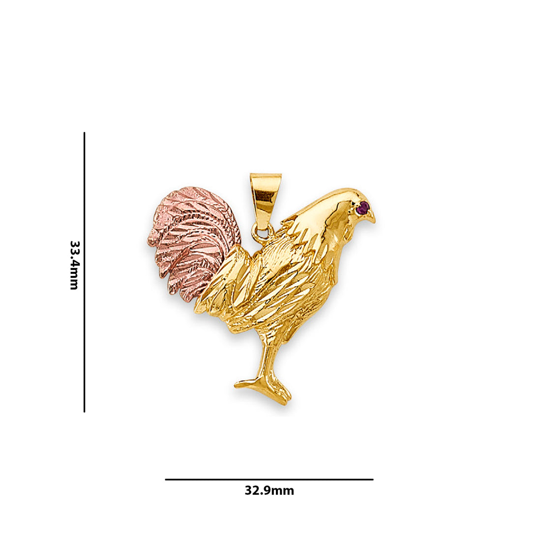 Two Tone Gold Round Red CZ Rooster Pendant with Measurement