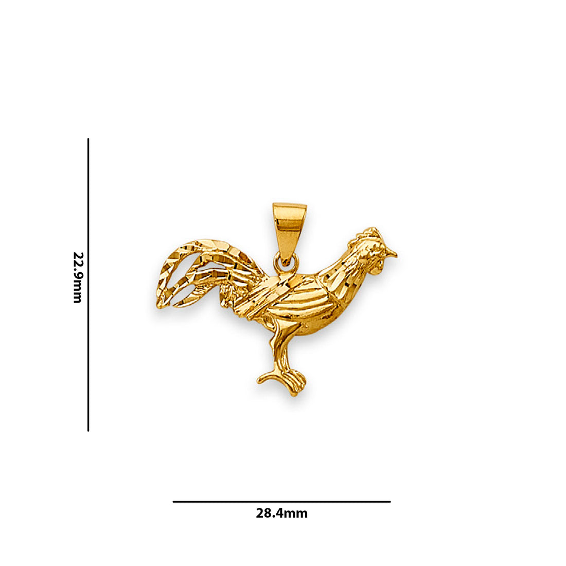 Yellow Gold Diamond-cut Little Rooster Radiant Pendant with Measurement
