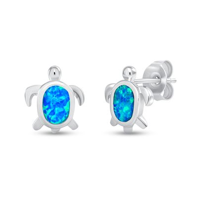 925 Sterling Silver Sea Turtle Oval Blue Opal Stud Earrings