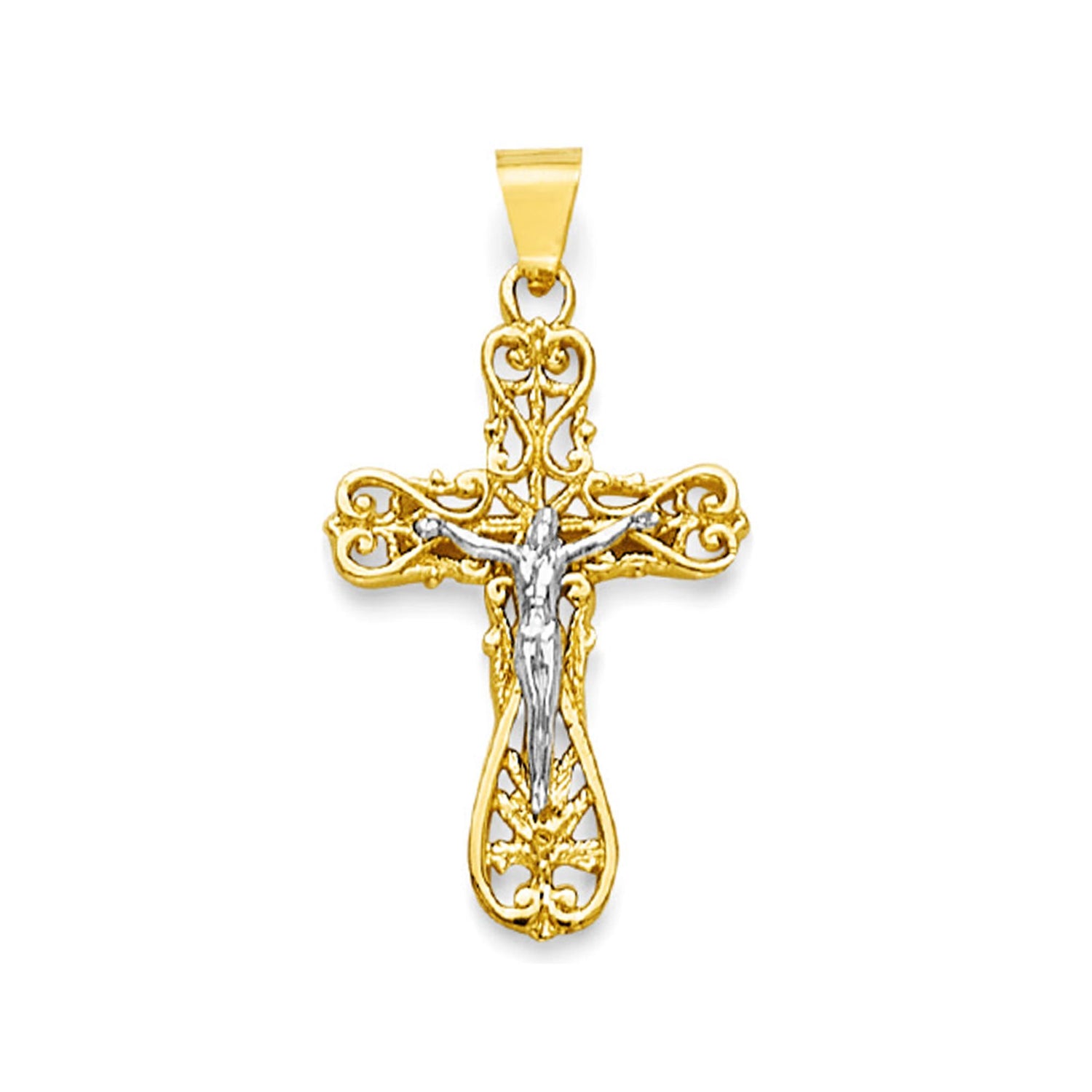 Two Tone Gold Filigree Cutout Patonce Crucifix Cross Pendant
