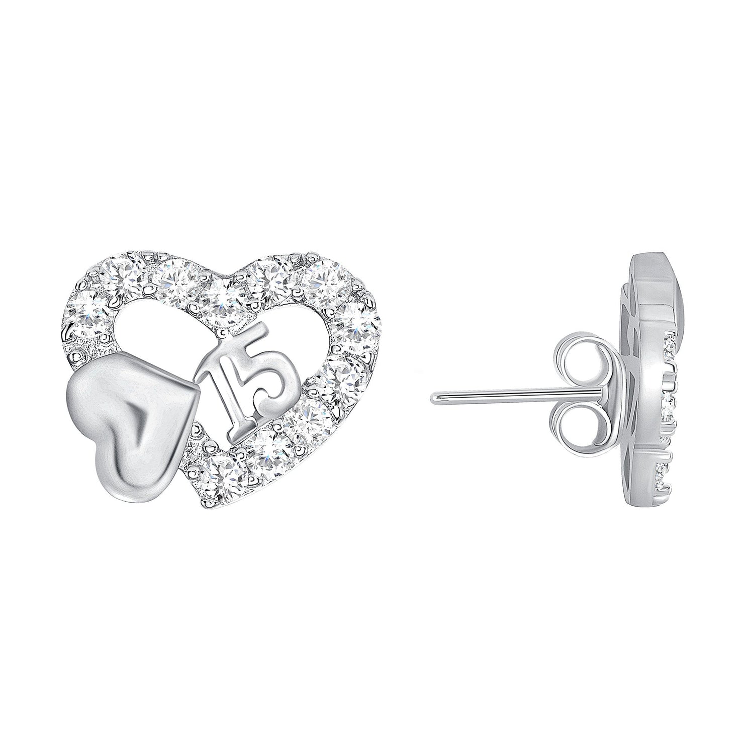 925 Sterling Silver Round Cut CZ Outline Heart with Solid Heart &amp; 15 Pendant &amp; Stud Earrings Jewelry Set