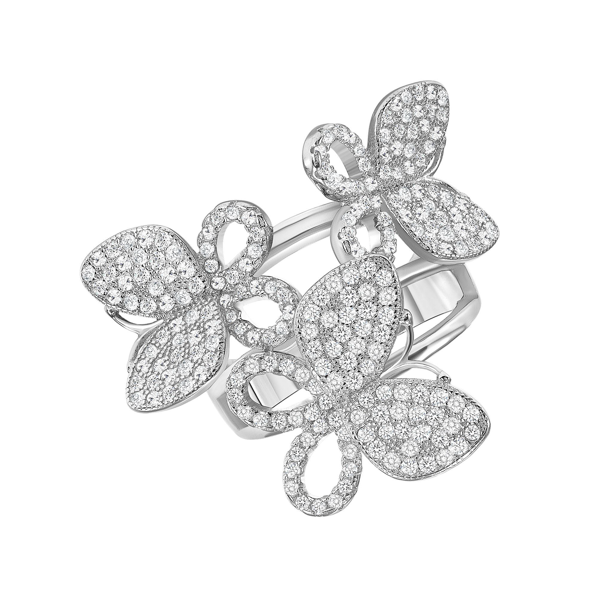925 Sterling Silver Triple Butterflies Round CZ Cluster Ring