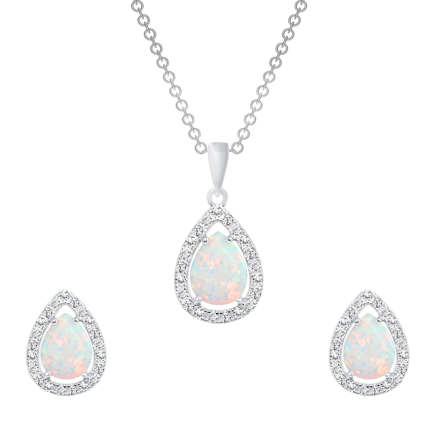 925 Sterling Silver Pear Cut Opal with Pavé Halo Pendant Teardrop &amp; Earrings Jewelry Set