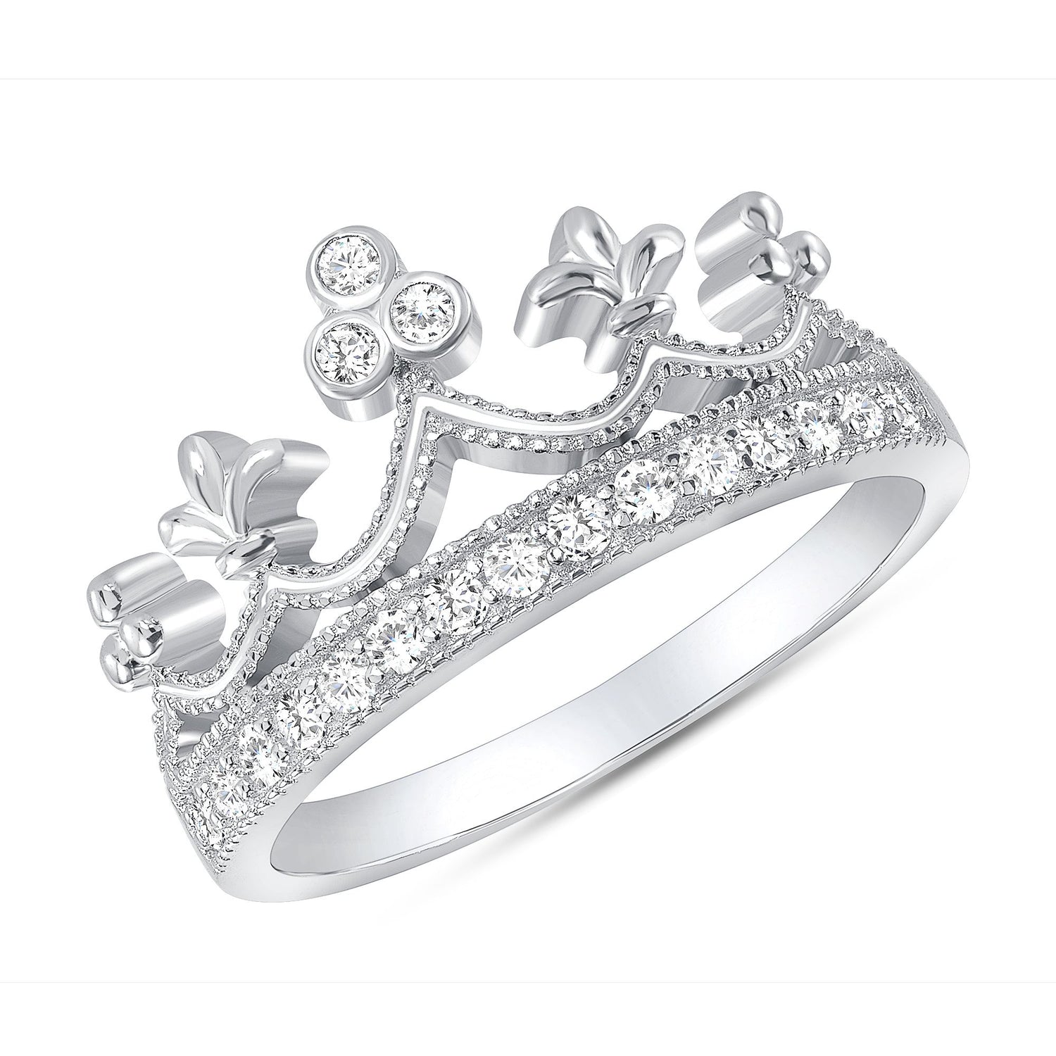 925 Sterling Silver Round CZ Milgrain Royalty Crown Ring
