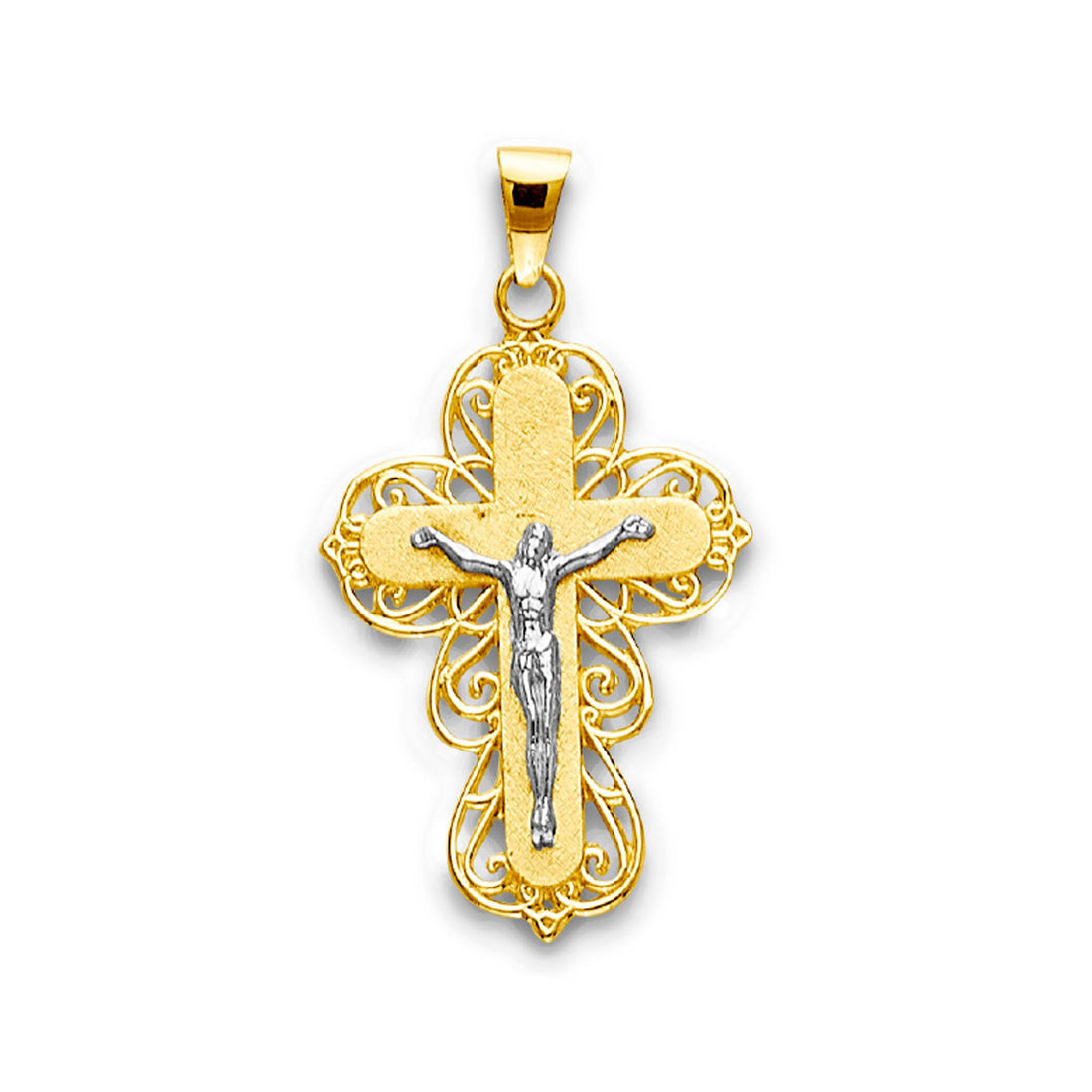 Two Tone Gold Filigree Border Rounded Crucifix Cross Pendant