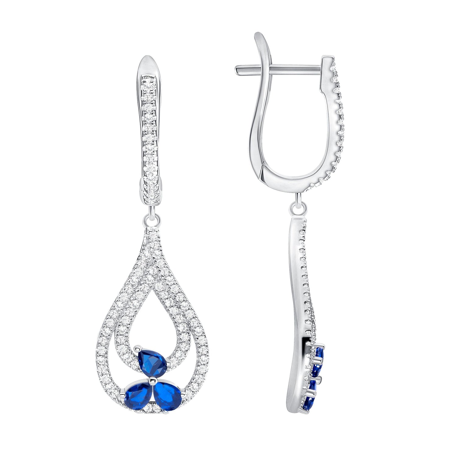 925 Sterling Silver Pear Cut Blue CZ Flowers on Pavé CZ Loops Teardrop Pendant &amp; Earrings Jewelry Set