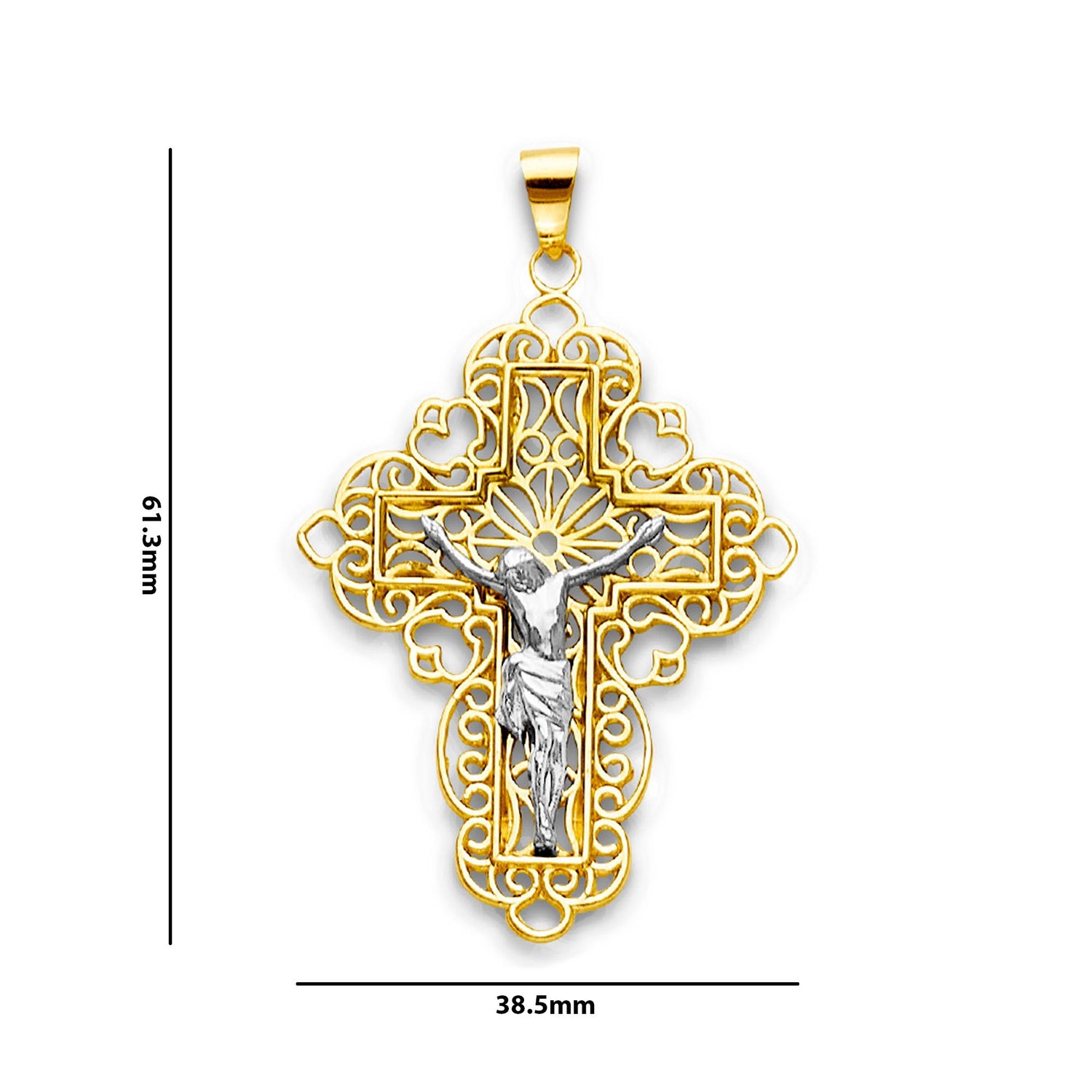 Two Tone Gold Bordered Filigree Cutout Crucifix Cross Pendant with Measurement