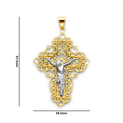 Two Tone Gold Bordered Filigree Cutout Crucifix Cross Pendant with Measurement