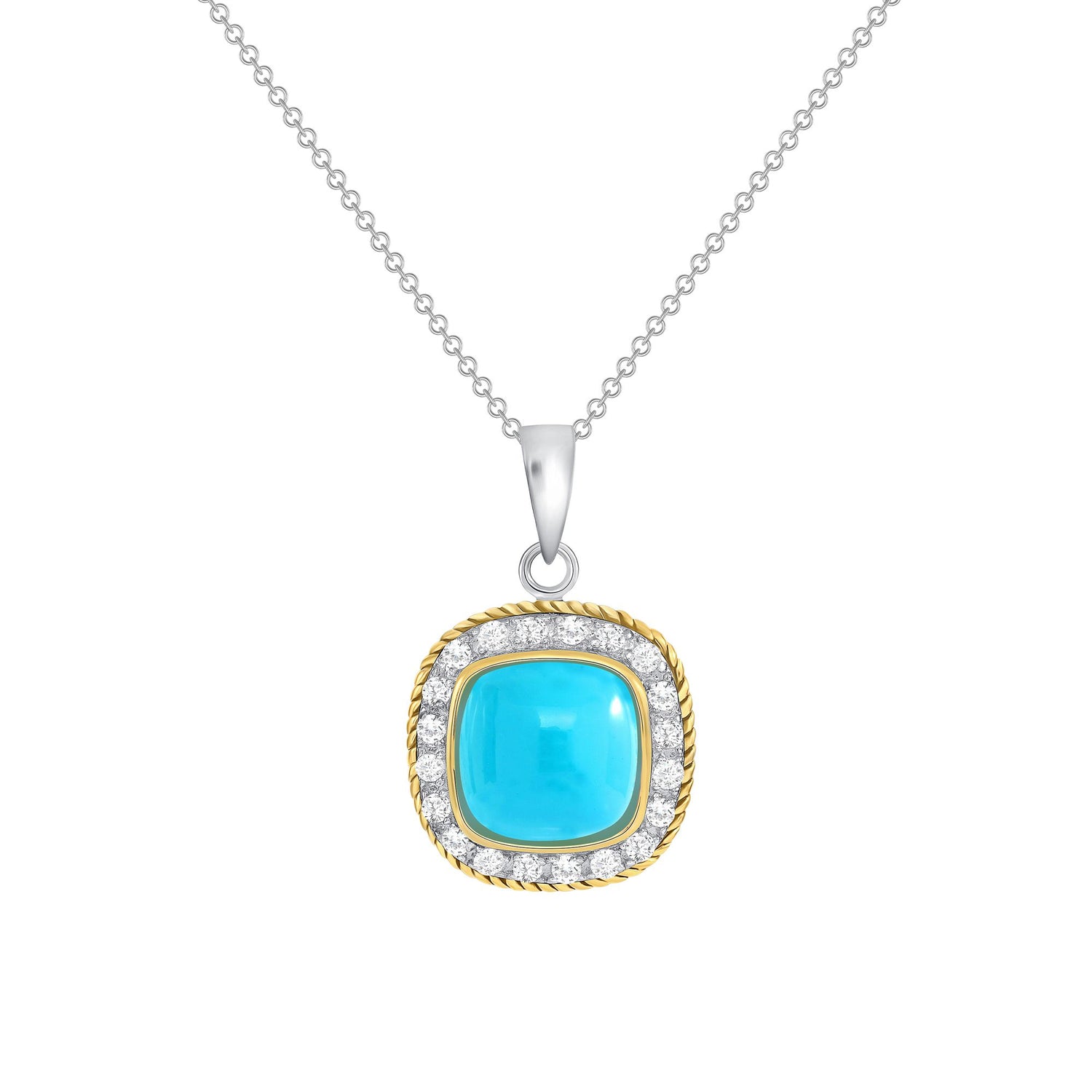 925 Sterling Silver Square Cut Turquoise with CZ Halo &amp; Rope Border Two Tone Pendant &amp; Stud Earrings Jewelry Set