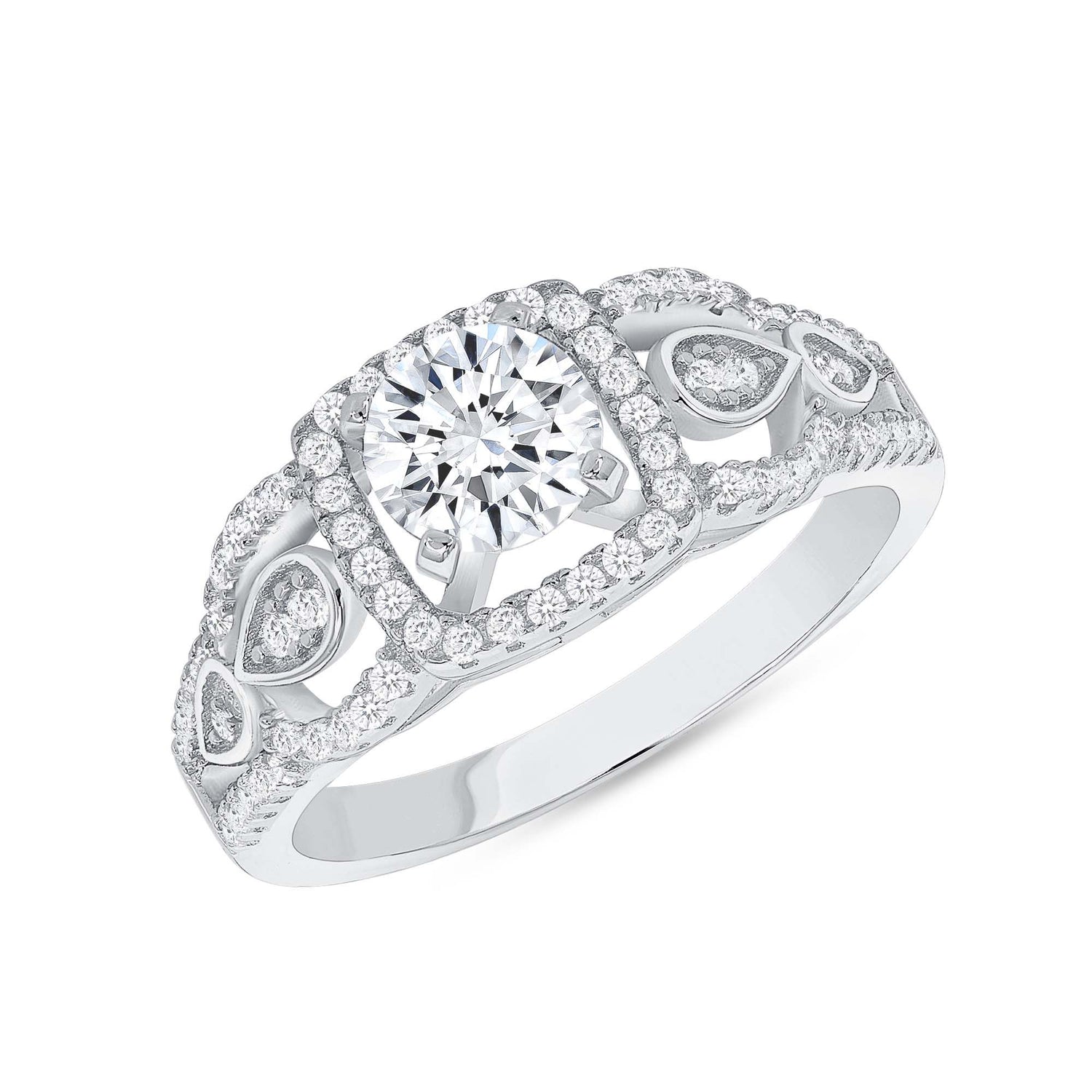 925 Sterling Silver Round CZ with Teardrop Accents &amp; Pavé Square Frame Engagement Ring