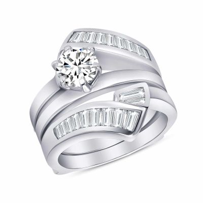 925 Sterling Silver Round Solitaire &amp; Baguette CZ Women&