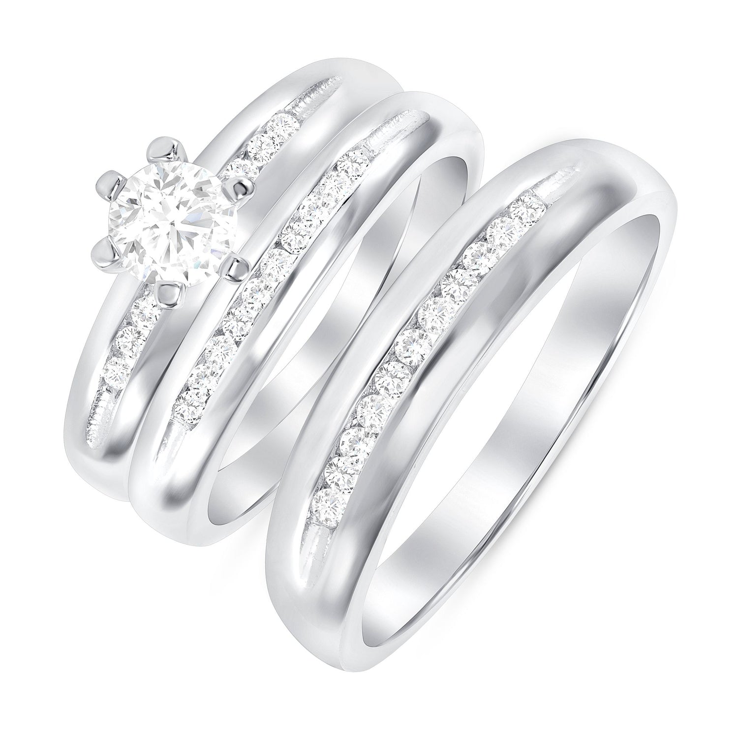 925 Sterling Silver Round CZ &amp; Channel Set Band His &amp; Hers Trio Wedding Set