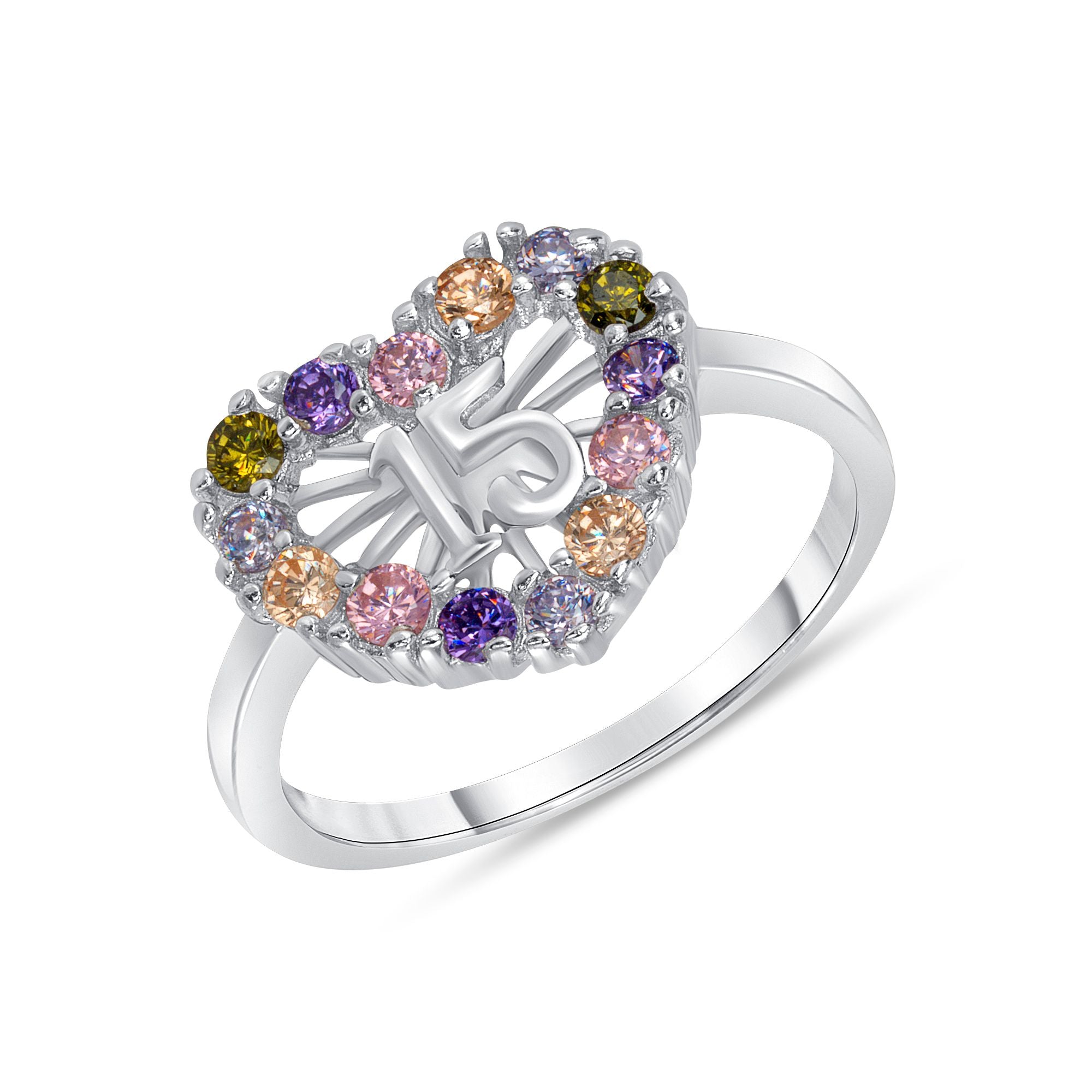 925 Sterling Silver Round Multi Color CZ Heart-Shaped Quinceañera Ring
