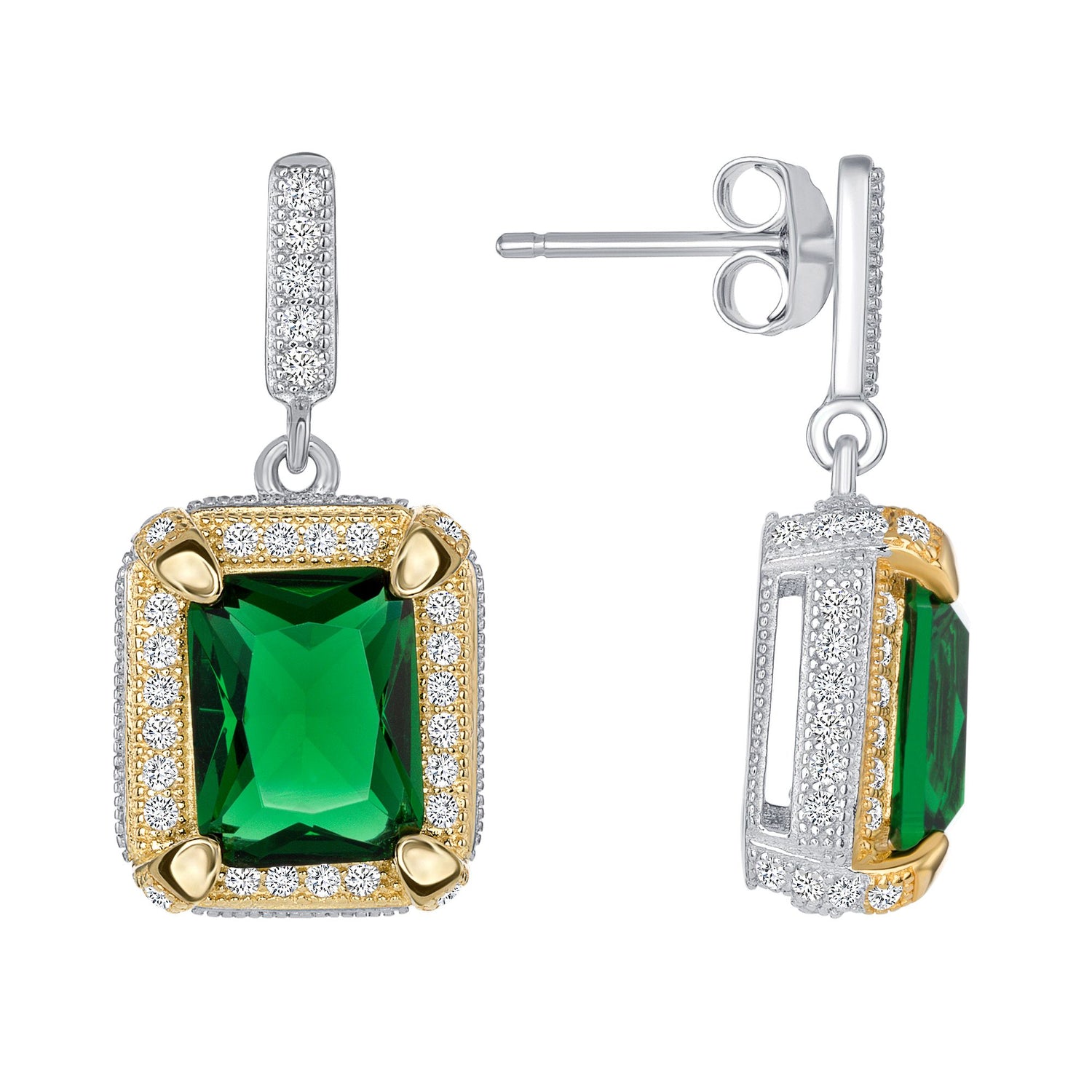 925 Sterling Silver Rectangular Cut Green CZ with Round Cut White CZ Halo &amp; Milgrain Border Two Tone Pendant &amp; Stud Earrings Jewelry Set