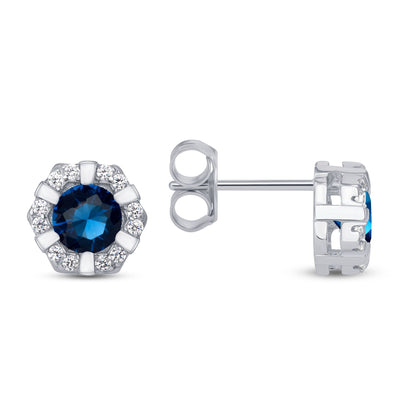 925 Sterling Silver Round Cut Blue CZ with White CZ &amp; Metal Lines Hexagonal Halo Pendant &amp; Stud Earrings Jewelry Set