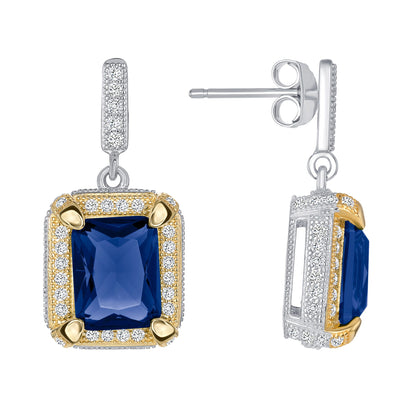 925 Sterling Silver Rectangular Cut Blue CZ with Round Cut White CZ Halo &amp; Milgrain Border Two Tone Pendant &amp; Stud Earrings Jewelry Set