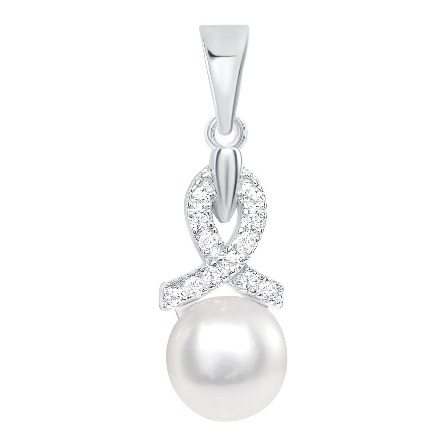 925 Sterling Silver Pearl with CZ Ribbon Teardrop Pendant &amp; Earrings Jewelry Set